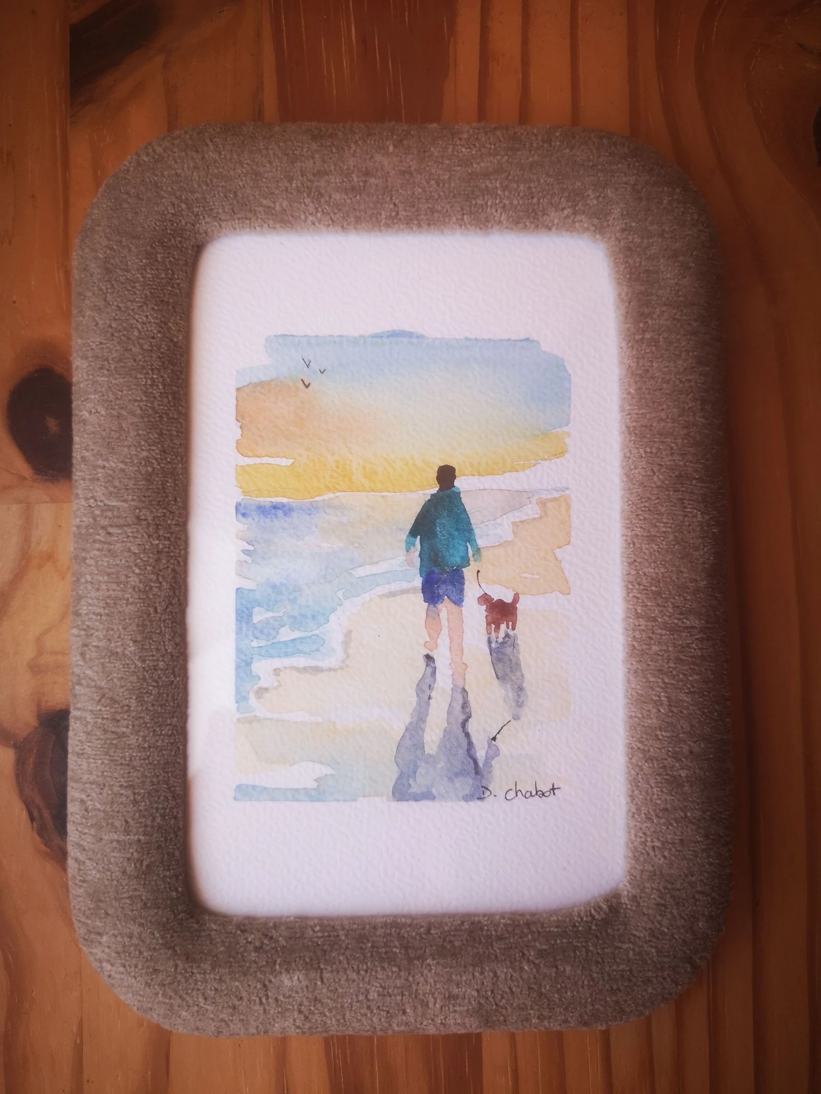 Aquarelle peinte à la main et son cadre peluche "promenade à la mer"  – photo 2